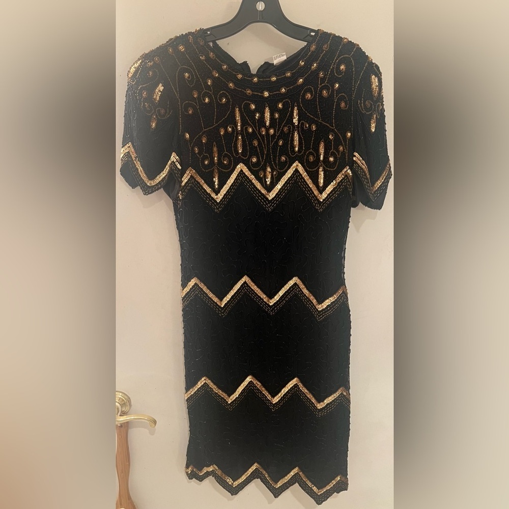 VINTAGE Size M LAWRENCE KAZAR black gold sequin cocktail dress with slit - Picture 2 of 16